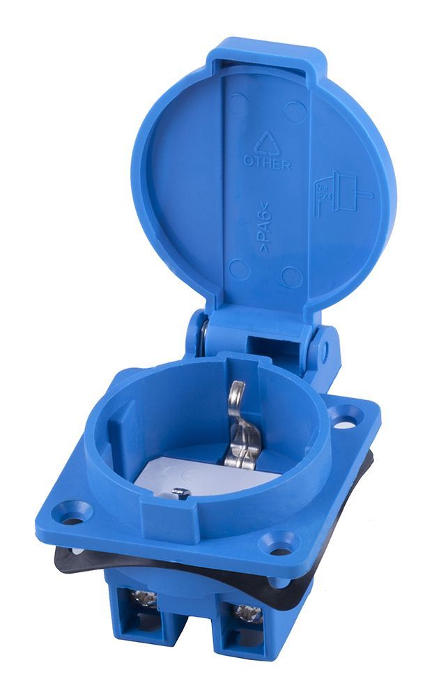 Розетка панельная 1-местная с/з STEKKER, PST16-611-44, с крышкой, с защитными шторками нейлон/латунь 250В, 16А, IP44, синий