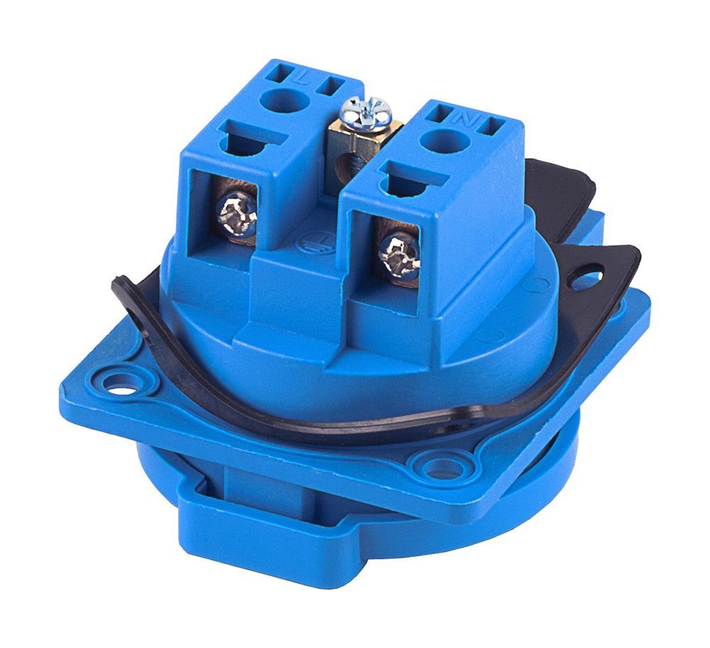 Розетка панельная 1-местная с/з STEKKER, PST16-611-44, с крышкой, с защитными шторками нейлон/латунь 250В, 16А, IP44, синий